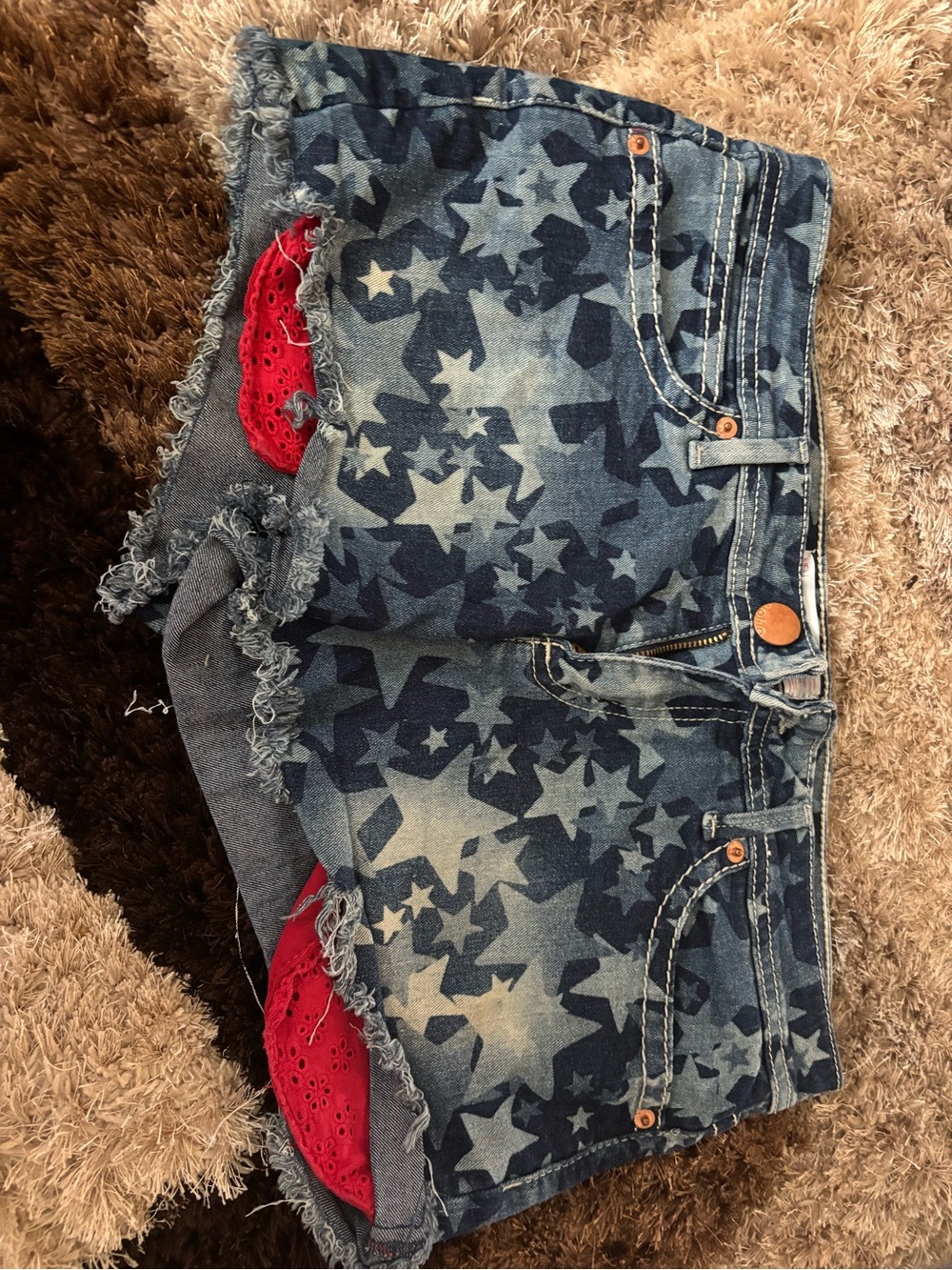 No Boundaries Blue Star-Print Frayed Denim Shorts with Red Pocket Liner